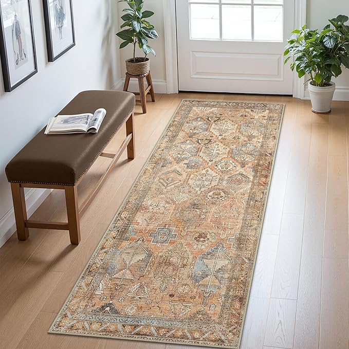 Bavni Runner Rugs 2x7 Kitchen Rug for Hallways Entryway, Washable Vintage Print Carpet, Ultra-Thin Low Pile Lightweight Rug with Non Slip Backing, Sunset Yellow