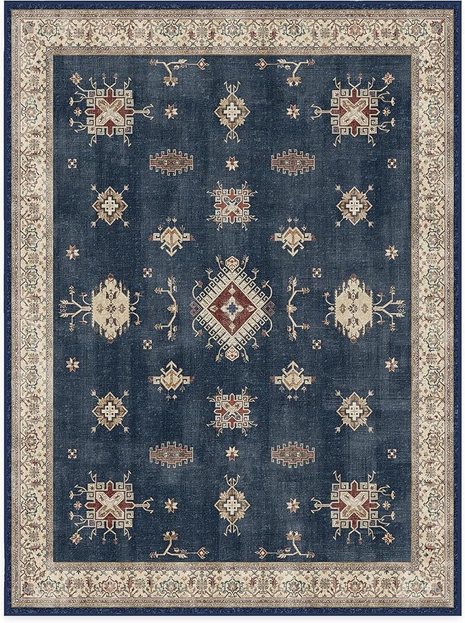 RUGGABLE Washable Vintage Area Rug – Verena Sapphire 9x12, Stain-Resistant, Non-Slip – Large Machine Washable Rugs for Living Room, Bedroom, Hallway, Entryway & Office–with Cushioned Pad