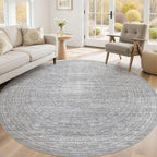 8ft Round Rug Living Room: Washable Large Vintage Rug Neutral Non-Slip Soft Stain Resistant Indoor Carpet for Bedroom Nursery Dining Room Under Table Bed Home House Office Playroom - Grey