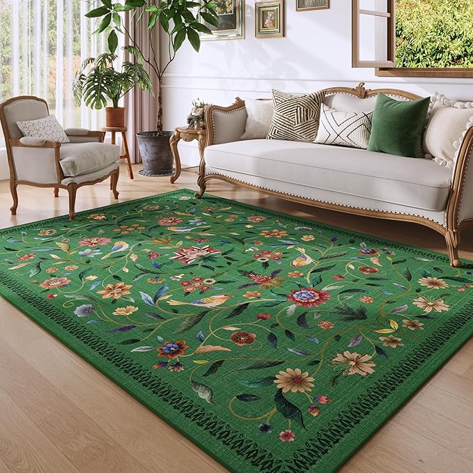 Vintage Medallion Floral 5x7 Area Rugs, Machine Washable Non-Slip, Low Pile Soft Carpet for Living Room, Bedroom, Dining Room, Farmhouse, Kids Playroom, Office | Green