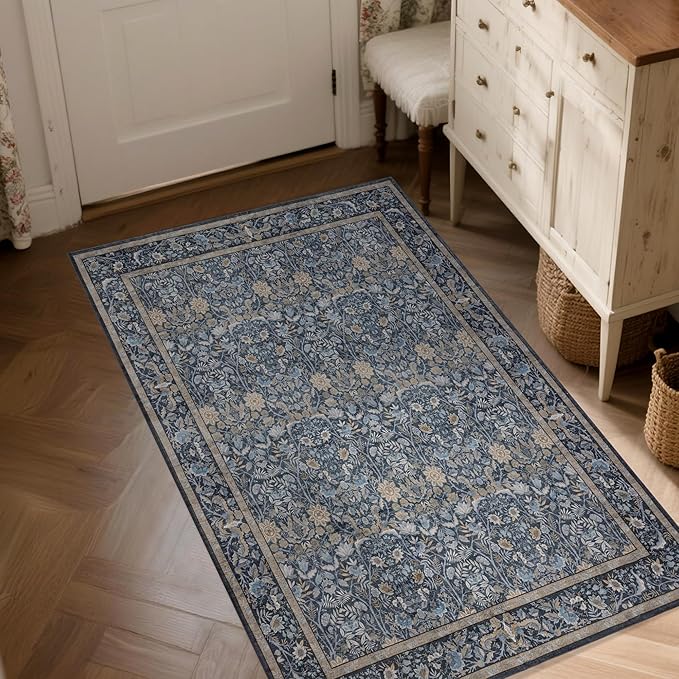 Washable Living Room Rug: 3x5 Boho Floral Soft Area Rug for Bedroom Decor - Vintage Low Pile Thin Carpet for Dining Room Non-Slip - Farmhouse Stain Resistant Rugs - Slate Blue