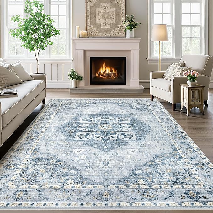 5x7 Area Rugs Washable Rugs for Living Room, Vintage Boho Rug Non-Slip Soft Floral Distressed Rug Low Pile Stain Resistant Carpet for Bedroom Nursery Office Dining Room Farmhouse Dorm(Blue, 5'x7')