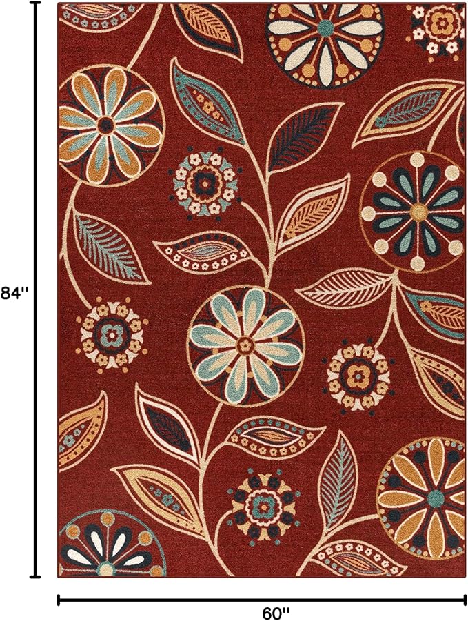 Maples Rugs Reggie Floral Area Rug - Made in USA - Low Pile, Non Slip, Pet-Friendly Mat for Living Room, Bedroom, and Office, 5' x 7', Merlot