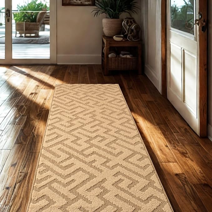 12ft Custom Hallway Rug - Gold Tan | Non-Slip Rubber Backed | Washable & Pet Friendly | Edge Bound