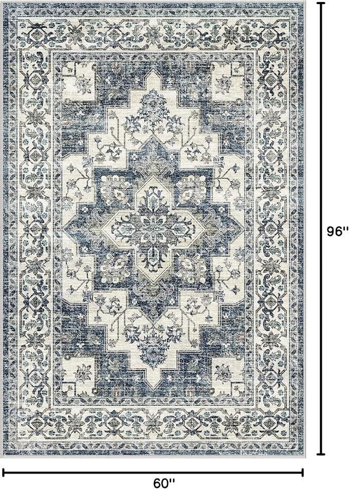 Dripex Vintage Washable Area Rug - 5x8 Distressed Rugs for Living Room Bedroom Oriental Medallion Floral Print Carpet Low-Pile Indoor Soft Non-Slip Accent Rug Farmhouse Office Home Decor