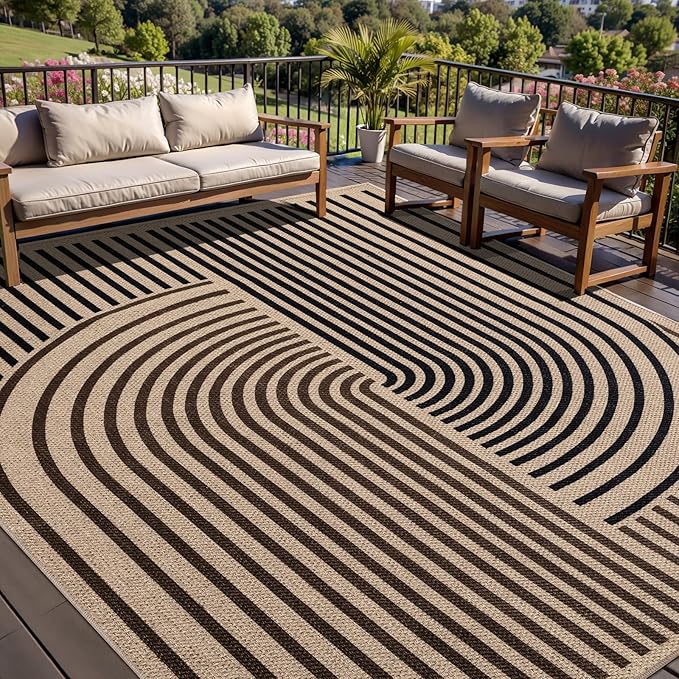Tangsoo Rainbow Easy Jute Rug 6x9 Washable Area Rugs for Living Room,Black Brown Non Slip Indoor Outdoor Carpet,Farmhouse Modern Office Mat for Backyard Dining Room Patio Bedromm