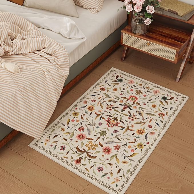 Vintage Medallion Floral Indoor Door Mat 2x3, Machine Washable Entryway Rug, Low Pile Soft Small Carpet, Non-Slip Area Rug for Entrance, Bedroom, Kitchen & Kids Room | Beige