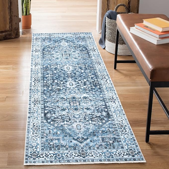 Bloom Rugs Caria Washable Non-Slip 10 ft Runner - Navy Blue Traditional Runner for Entryway, Hallway, Bathroom, and Kitchen - Exact Size: 2'6" x 10'