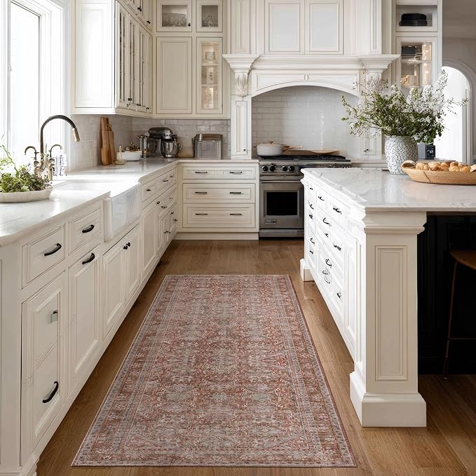 Kuden 2'6"x12 Runner Rug, Machine Washable Area Rug with Non-Slip Backing, Vintage Style, Soft, Easy Clean, Low Pile Rug for Hallway, Entryway, Kitchen, Bedroom