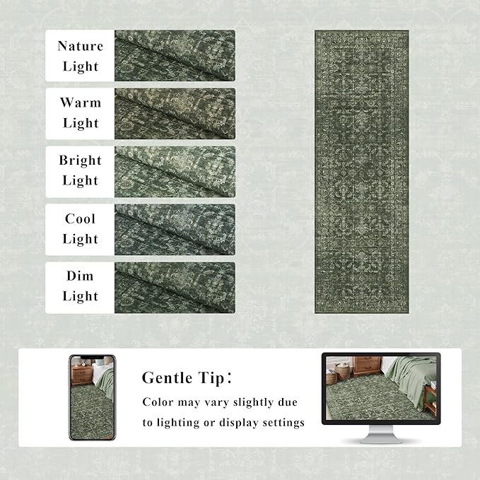 Washable Area Rug 2.6x8 Green Runner Rugs for Living Room, Vintage Boho Hallway Large Rug for Bedroom Dining Room Office, Distressed Floral Carpet for Under Table, Soft Non Slip Low Pile Throw Carpet