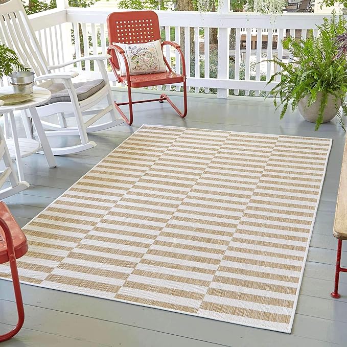Unique Loom Outdoor Striped Collection Area Rug - Striped (9' x 12' Rectangle, Taupe/Ivory)