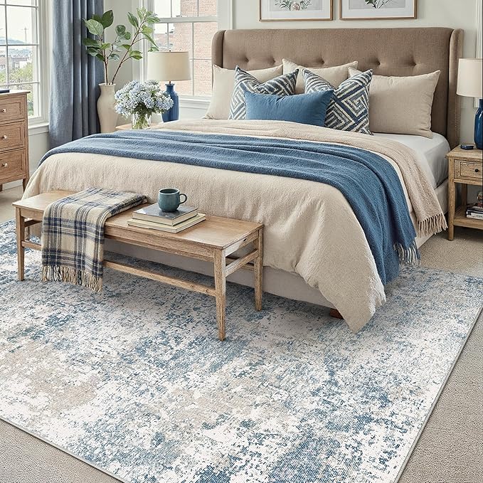 Blue 8x10 Area Rug Washable Modern Abstract Living Room Carpet Non Slip Neutral Low Pile Soft Contemporary Aesthetic Bedroom Large Rug Indoor Office Dining Room Playroom