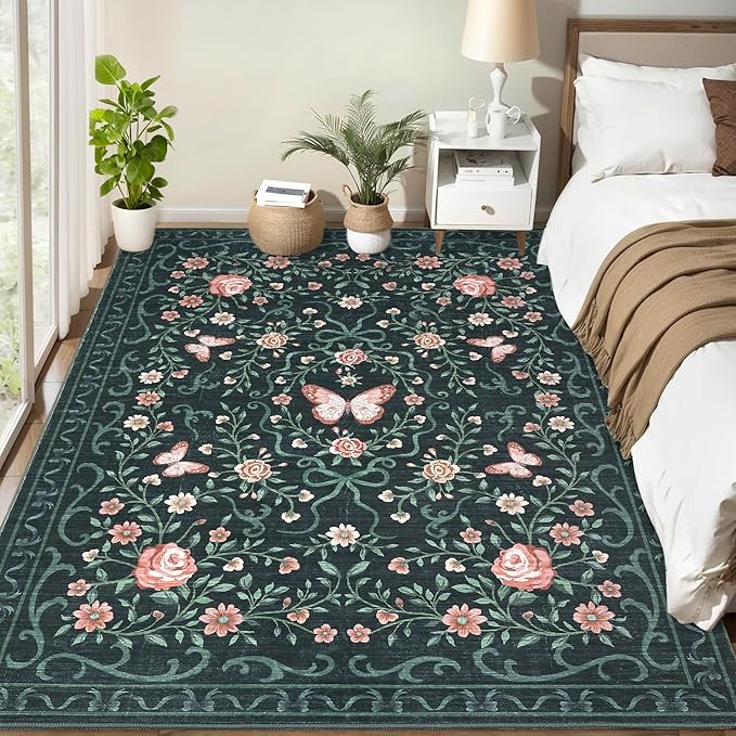 GarveeHome Washable Floral Area Rug 5x7 for Living Room Non Slip Bedroom Rug Soft Stain Resistant Large Dining Room Throw Carpet Low Pile Black Bow Rugs Butterfly Flower Carpet for Nursery Entry, 5x7