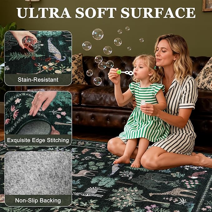 8x10 Area Rugs Living Room Rug: Vintage Washable Rug Floral Soft Carpet Indoor Floor Non-Slip Boho Stain Resistant Large Carpets for Bedroom Kids Nursery Dining Room Farmhouse Home Office Green