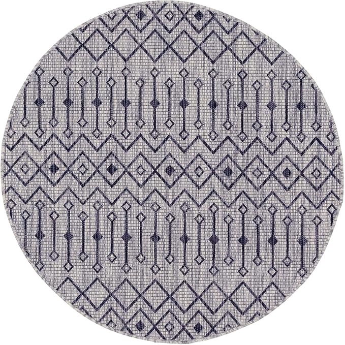 Unique Loom Outdoor Trellis Collection Area Rug - Tribal Trellis (5' 3" Round, Gray/ Black)
