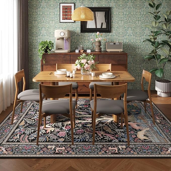 Rugcomf Area Rugs 9x12 Living Room Vibrant Tree of Life-Patterned Vintage Washable Rug Non Slip Low Pile Large Rug for Bedroom Farmhouse Dining Room Kids Playroom, Black