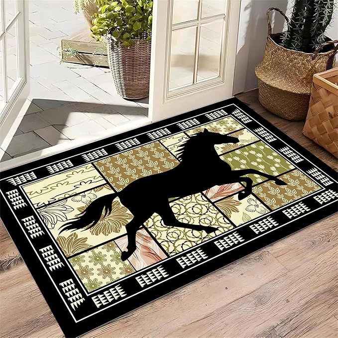 Western Horse Print Rugs 6x8ft,Boho Floral Area Rug, Botanical Print Low Pile Carpet, Stain-Resistant & Machine Washable Non-Slip Mat for Living Room, Bedroom, Dining Room