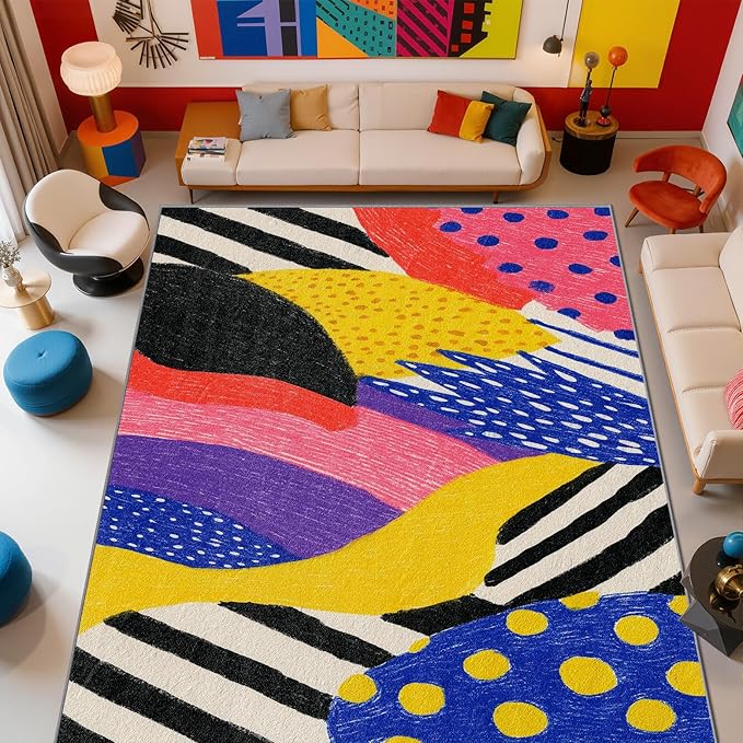 Pop Art Living Room Rug - Colorful Abstract Color Block Rug, 7x9 Area Rugs, Hippie Aesthetic Funky Washable Foldable Large Carpet Home Decor #C011