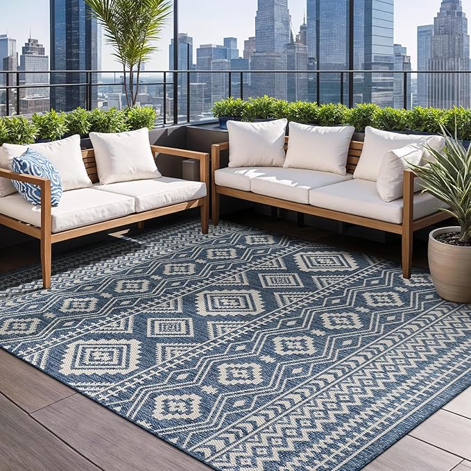 Beverly Rug Waikiki Boho Indoor Outdoor Rug 6x9, Washable Outside Carpet for Patio, Deck, Porch, Bohemian Area Rug, Farmhouse Rugs, Aztec Tribal Rug, Azure and White
