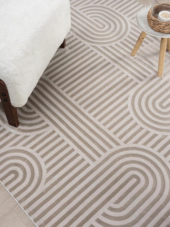 Annabel Modern Geometric Area Rug for Living Room, 4x6 Contemporary Arched Linear Beige Neutral Rug, Stain Resistant Non-Shedding Carpet for Bedroom, Dining Room or Kitchen (4' x 6', Beige)