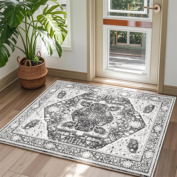 EnHomee 3x5 Washable Area Rugs for Bedroom, Boho Vintage Rugs, Foldable Area Rug for Dining Room, Non-Slip Soft Living Room Rug, Low Pile Large Carpet for Bathroom, Grey