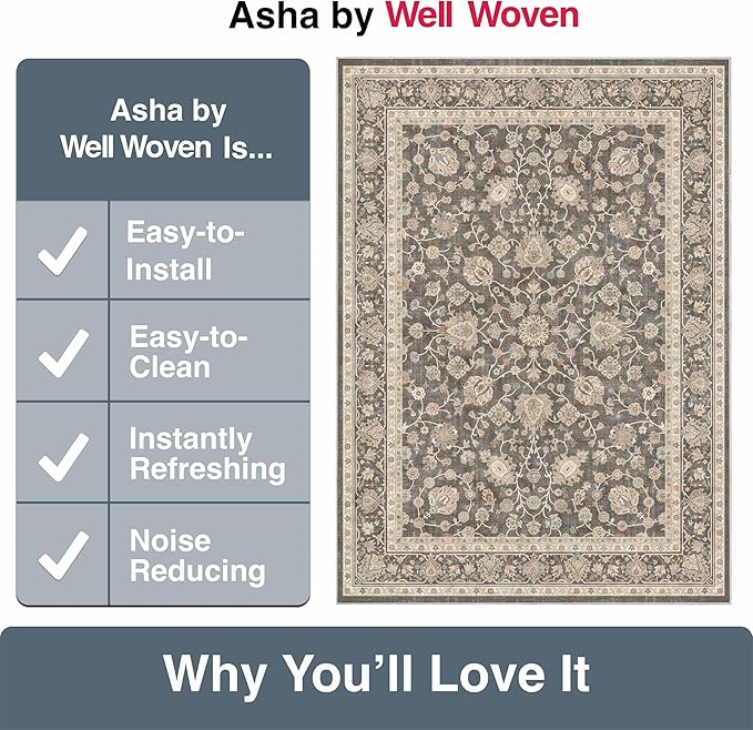 Well Woven Asha Rome Charcoal Brown 2'3" x 7'3" Runner Rug - Oriental Floral Pattern, Easy Clean, Floor-Friendly Backing - for Hallway, Entryway, and Kitchen