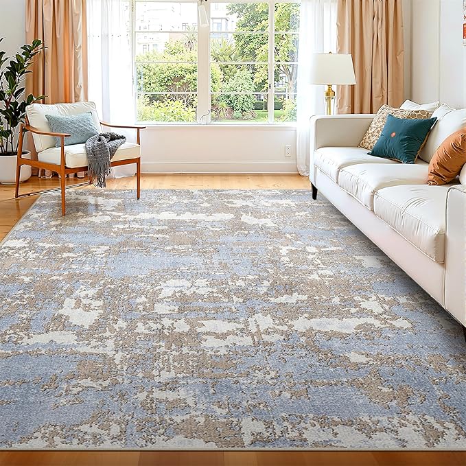 WITSHOCK Abstract Dining Room Rugs for Under Table: 7x9 Washable Blue Area Rug for Living Room, Low Pile Non-Slip Rugs for Bedroom Under Bed - Neutral Modern Decor & Stain Resistance - Blue/Multi