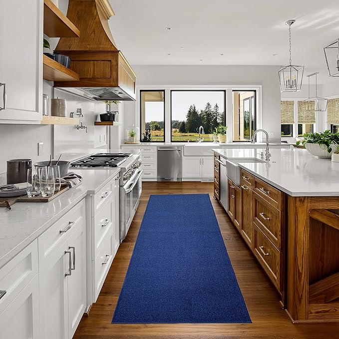 Custom Made Runner Rug Low Pile with Rubber Backing for Kitchen Foyer Hallway Entry Choose Your Length Size 26 Inch Wide Solid and Plain Dark Blue Color (32 feet x 26 inch)