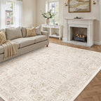 Beige Area Rug 8x10 Machine Washable Large Vintage Living Room Distressed Non Slip Carpet Traditional Indoor Bedroom Retro Floral Accent Throw Rug for Office Kitchen Dining Room