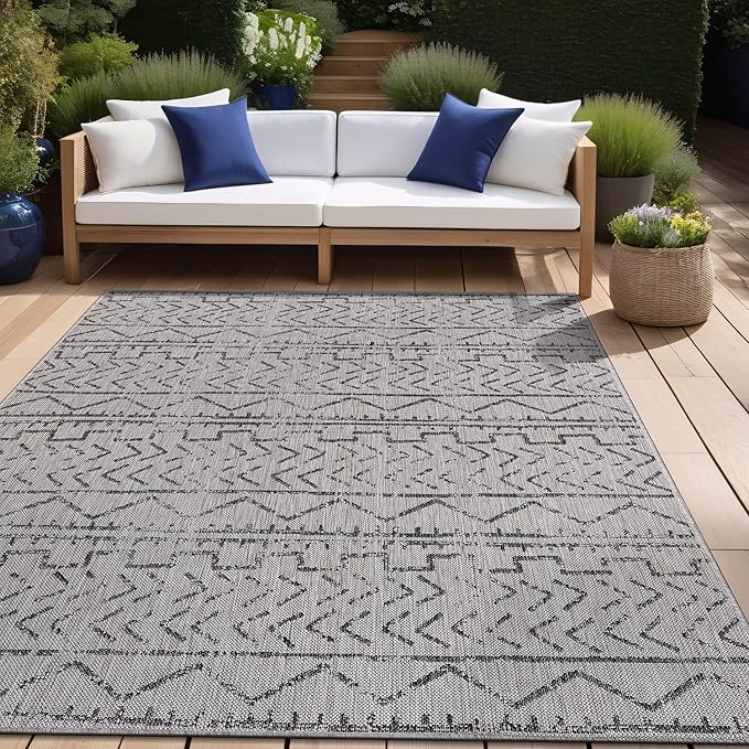 Beverly Rug Waikiki Indoor Outdoor Rug 5x7, Washable Outside Carpet for Patio, Deck, Porch, Trellis Area Rug, Water Resistant, Dark Grey - Light Grey