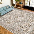 Boho 9x12 Large Area Rug for Living Room - Floral & Bird Soft Rugs for Bedroom,Non Slip Washable Carpet for Dining Room Under Table, Vintage Brown Taupe Indoor Décor, Low Pile Stain Resistant
