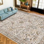 Boho 9x12 Large Area Rug for Living Room - Floral & Bird Soft Rugs for Bedroom,Non Slip Washable Carpet for Dining Room Under Table, Vintage Brown Taupe Indoor Décor, Low Pile Stain Resistant