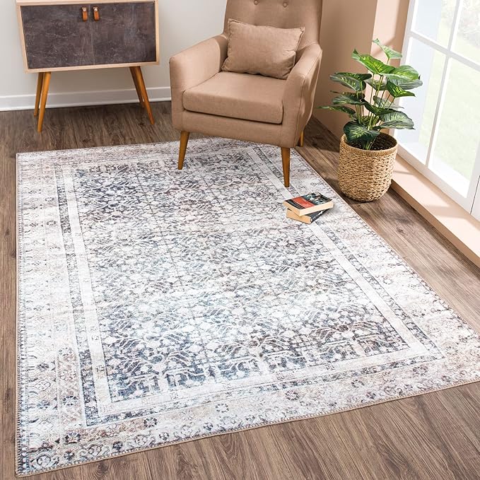 Bloom Rugs Washable Non-Slip 8' x 10' Rug - Tan/Blue/Green Traditional Area Rug for Living Room, Bedroom, Dining Room, and Kitchen - Exact Size: 8' x 10'