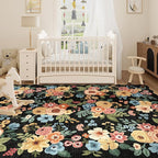 DUKINO 8x10 Area Rug, Floral Washable Rugs for Living Room with Non Slip Backing & Non-Shedding, Lightwight Low Pile Boho Design Large Carpets for Bedroom, Living Room, Dining Room, Black