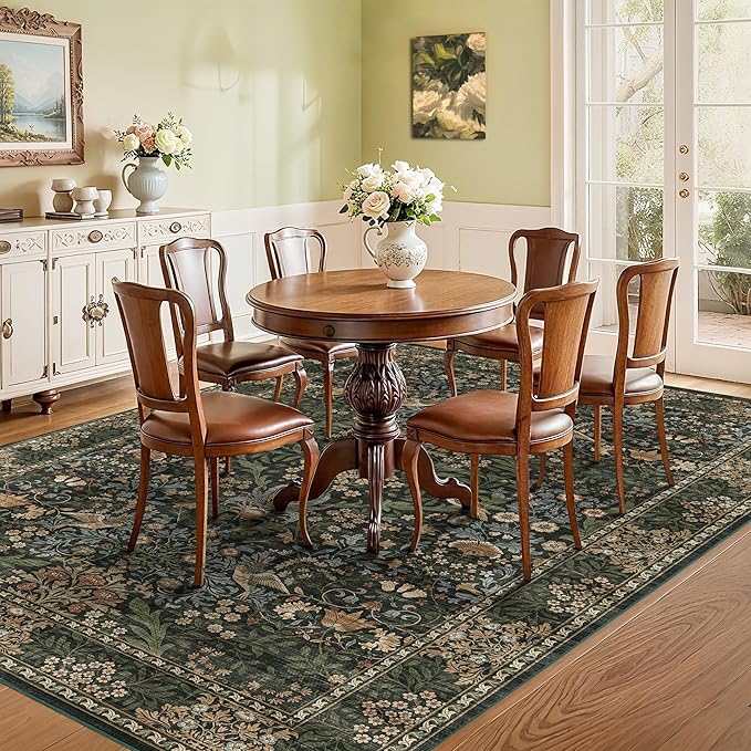 6x9 Floral Washable Area Rug for Living Room, Vintage Boho Rugs for Bedroom Dining Room, Botanical Birds Non Slip Low Pile Forest Throw Carpet for Farmhouse Office, Retro Gold/Green