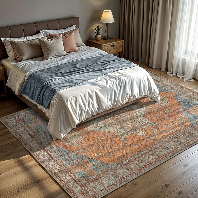 GLN Rugs Traditional Collection - Machine Washable Area Rug, Traditional Washable, Non Slip, Low Pile Chenille Rug, Living Room, Bedroom, Kitchen Rug (9' x 12' Terra/Multicolor)