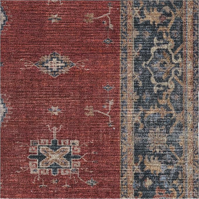 RUGGABLE Washable Vintage Runner Rug – Verena Amber Red 2.5x12, Stain-Resistant, Non-Slip Hallway Runner – Machine Washable Rug for Hallway, Entryway, Living Room & Kitchen–with Standard Pad