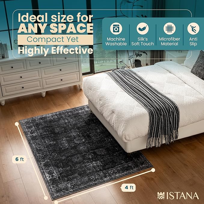 Istana 4x6 Area Rug - Black Rugs for Living Room 4x6 - Foldable Rugs for Bedroom - Stain Resistant Washable Rug - Eco-Friendly Boho Area Rugs - Easy to Clean Living Room Rug 4 x 6