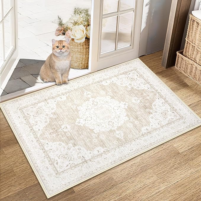 Area Rug 2x3 Entryway Rugs - Machine Washable Vintage Boho Area Rug Non-Slip Kitchen Rugs Soft Stain Resistant Indoor Door Mat, Small Oriental Throw Rug for Entrance Hallway Bedroom(Boho Beige, 2'x3')