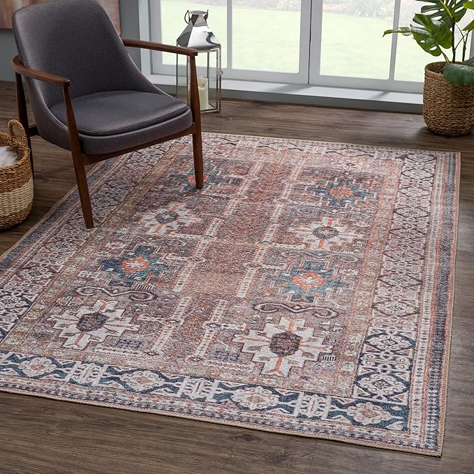 Bloom Rugs Washable 3' x 5' Rug - Brown/Blue/Orange Traditional Area Rug for Living Room, Bedroom, Dining Room, and Kitchen - Exact Size: 3' x 5'