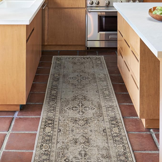 RUGGABLE Washable Vintage Runner Rug – Kamran Hazel 2.5x7, Stain-Resistant, Non-Slip Hallway Runner – Machine Washable Rug for Hallway, Entryway, Living Room & Kitchen–with Cushioned Pad