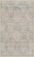 3x5 Washable Area Rug for Bedroom Beside Bed Mat, Large Kitchen, Entryway Rug Indoor - Ultra Soft Vintage Floral Beige Blue Decor Non-Slip Low Pile Stain Resistance