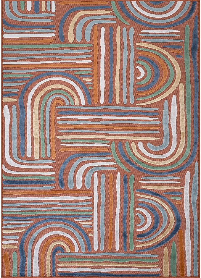 CAMILSON Indoor Outdoor Rug, Orange 6x9 Geometric Arch Striped Area Rugs for Patio and Home Areas, Easy-Cleaning Non-Shedding Living Room, Garden and Deck Washable Outside Carpet (6 x 9)