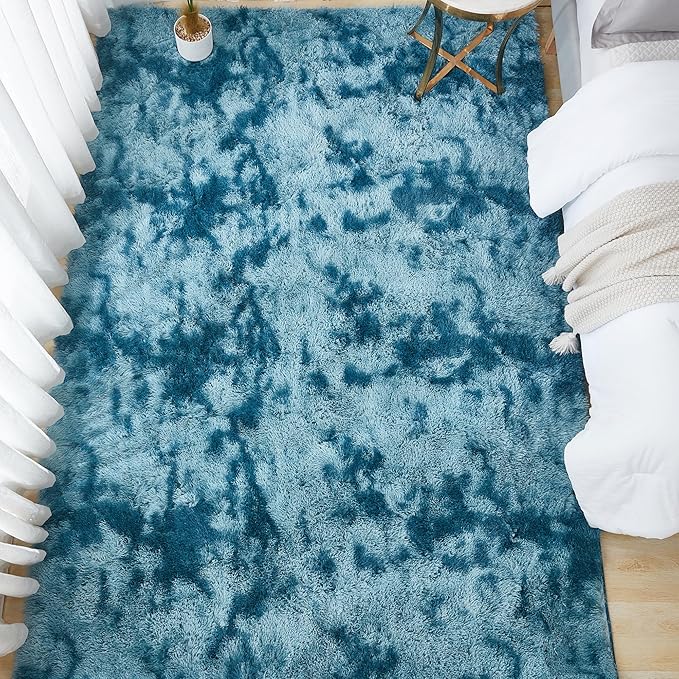 Andency Area Rugs 9x12 for Living Room Home Decor, Large Shaggy Bedroom Carpet, Non-Slip Big Shag Indoor Thick Soft Fluffy Furry Fur Area Rugs for Kids Dorm Nursery Aesthetic, Tie-Dyed Navy Blue
