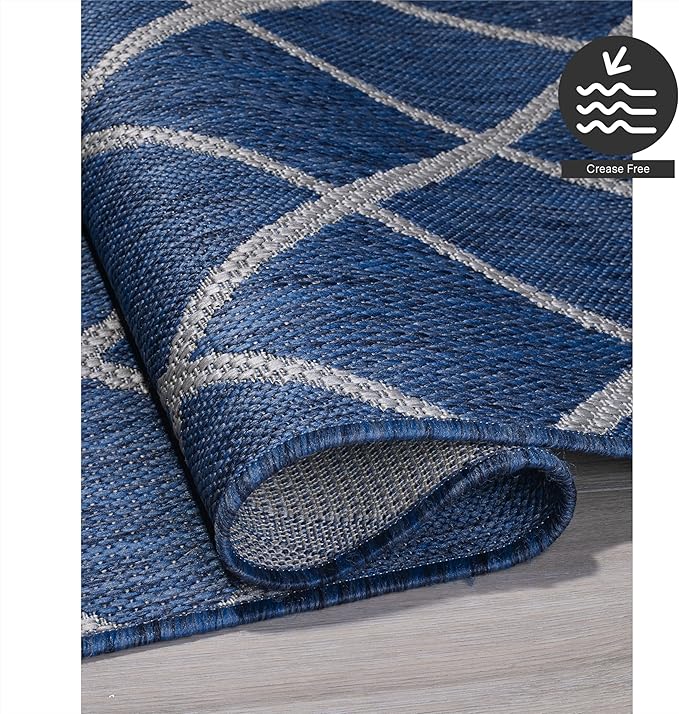 FH Home Flat Woven Outdoor Rug - Waterproof, Easy to Clean, Stain resistant - Premium Polypropylene Yarn - Moroccan Geometric Lattice - Large Patio, Deck, Sunroom - Tunis - Blue - 7ft 10 in x 10ft 9in