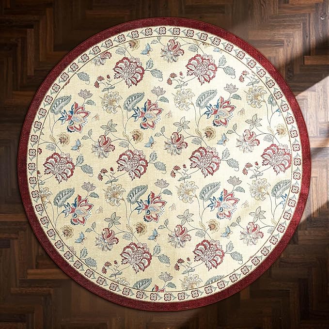 jinchan Elora 7ft Floral Round Rug for Dining Room Washable Living Room Rug Vintage Romance Design Non Slip Indoor Floor Cover Lightweight Low-Profile Throw Carpet for Bedroom Porch Patio, Red/Beige