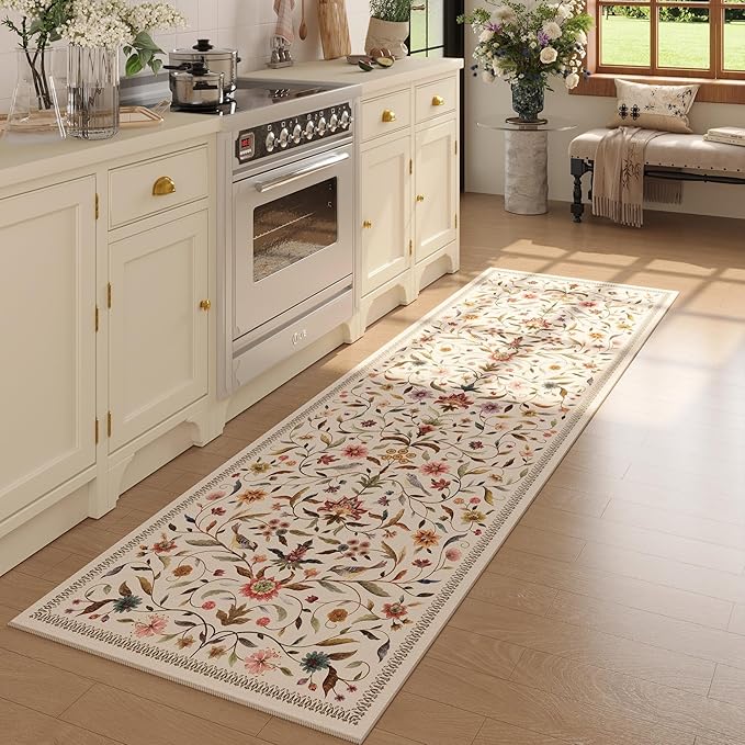Vintage Medallion Floral Washable Runner Rug 2'7"x8', Non-Slip Low Pile Soft Carpet for Hallways, Laundry, Bedroom, Bathroom, Entryway | Beige