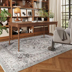 Rugcomf Vintage Medallion 3'x5' Washable Rug - Non-Slip Low Pile Area Rug, Small Boho Carpet for Bedroom, Bedside, Kitchen, Entryway, Kids/Girls Room, Office - Grey and White
