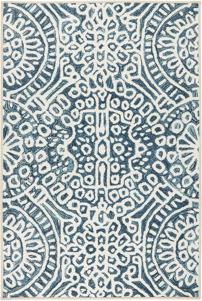 Dash and Albert Temple Ink Machine Washable Area Rug - 6' x 9' Blue - Geometric Accent Rug - Anti-Slip Backing, Lightweight, Machine Washable, High Traffic Areas Kitchen, Mudroom, Laundry Room
