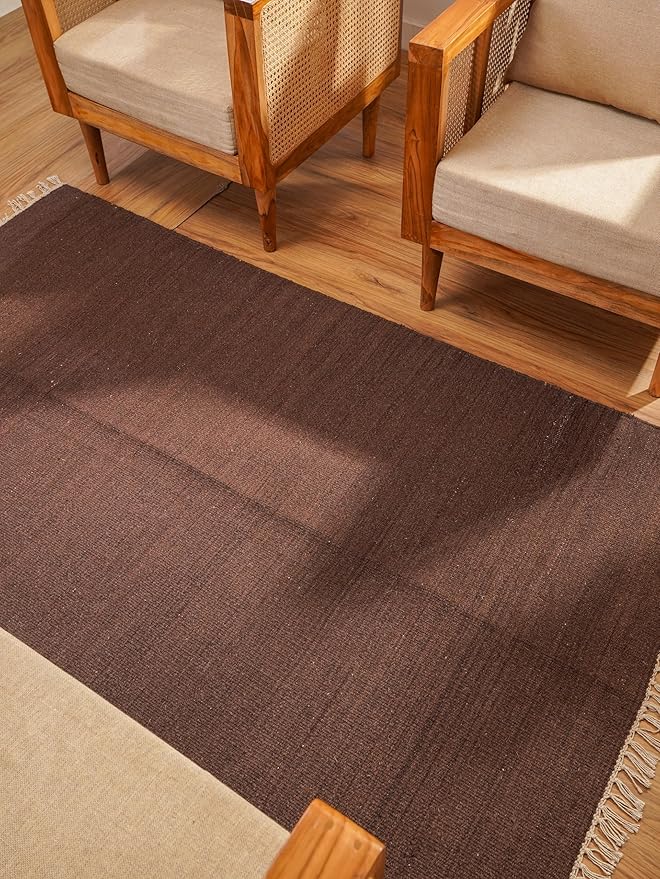 Rugsotic Carpets Hand Woven Flat Weave Kilim Wool 5'x8' Area Rug Solid Dark Brown D00111